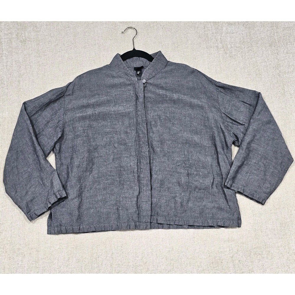 Eileen Fisher Linen Blend Blazer Jacket Women's Sz M Gray Button Up Long Sleeve